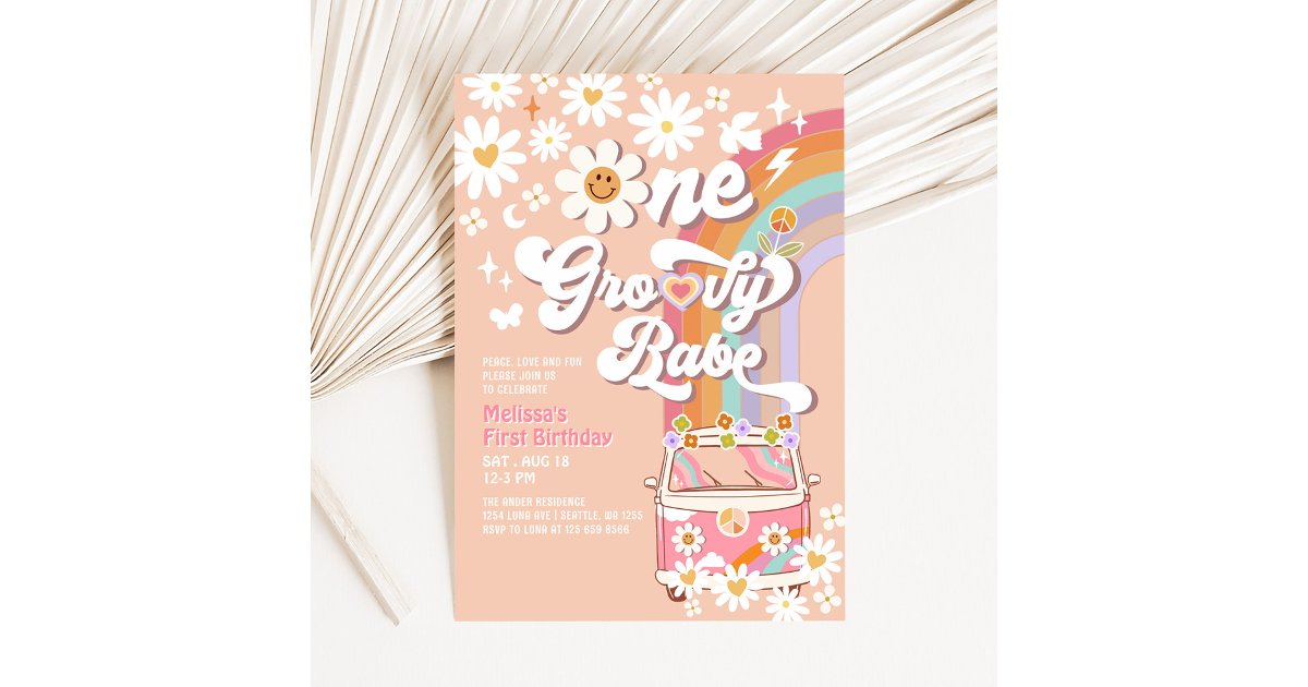 One Groovy Babe Daisy Rainbow 1st Birthday Invitation | Zazzle