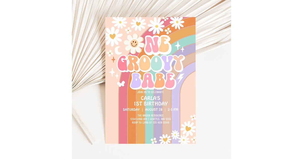 One Groovy Babe Daisy Rainbow Retro 1st Birthday Invitation | Zazzle