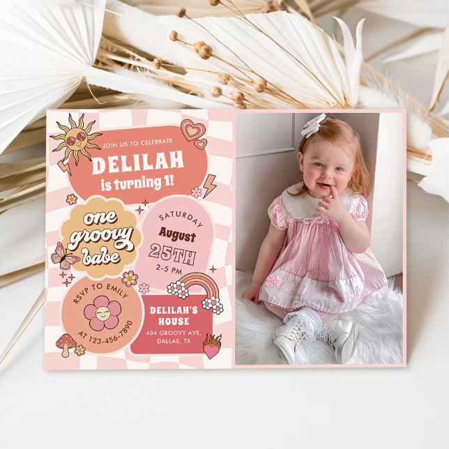 One Groovy Babe Daisy Retro 1st Birthday Photo Invitation (Creator Uploaded)