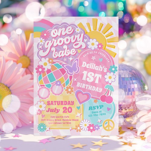 One Groovy Babe Groovy Rainbow 1st Birthday Party Invitation