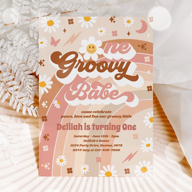 One Groovy Babe Peace Love Party Rainbow Birthday  Invitation (Creator Uploaded)