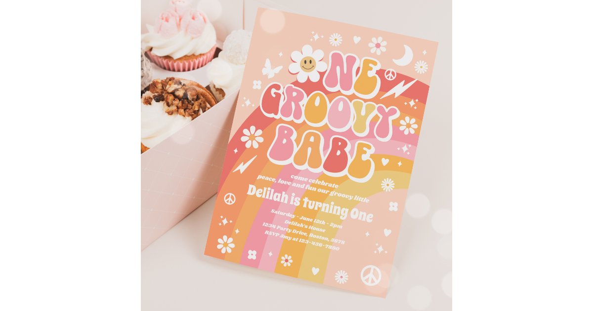One Groovy Babe Peace Love Party Rainbow Birthday Invitation | Zazzle