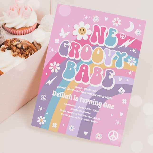 One Groovy Babe Peace Love Party Rainbow Birthday Invitation (Creator Uploaded)