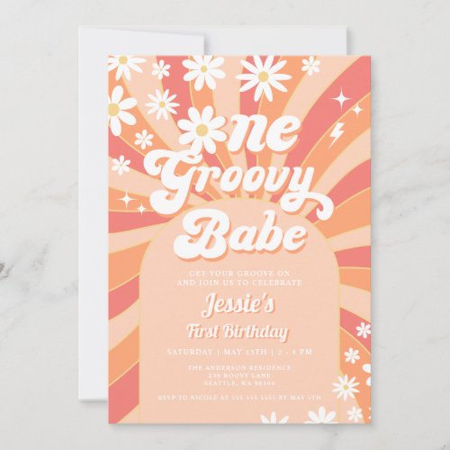 One Groovy Babe Pink Daisy 70s Floral 1st Birthday Invitation