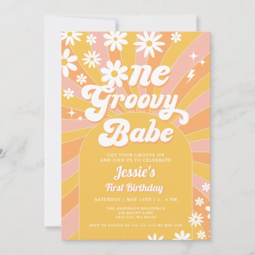 One Groovy Babe Pink Daisy Sunshine 1st Birthday Invitation