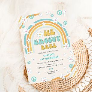 One Groovy Babe Rainbow 1st Birthday Party Invitation