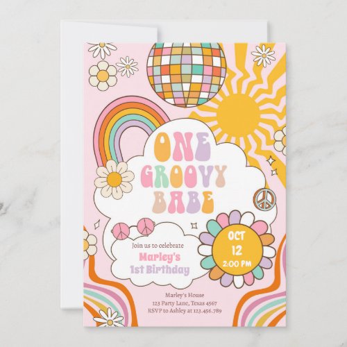 One Groovy Babe Retro 70s Rainbow 1st Birthday Invitation