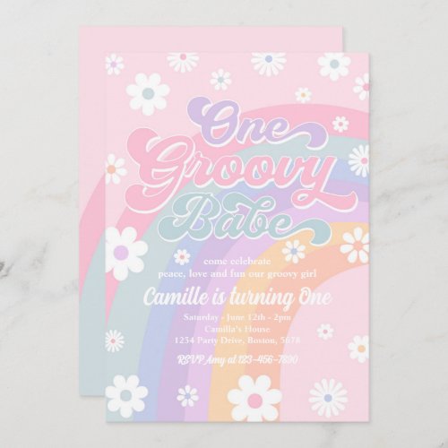 One Groovy Babe Retro Daisy Pink Rainbow Birthday Invitation