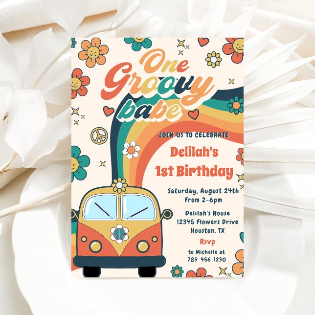 One Groovy Babe Retro Floral 1st Birthday Party  Invitation (Creator Uploaded)