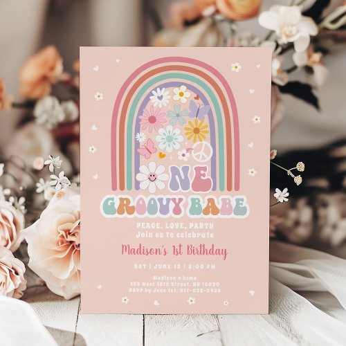 One Groovy Babe Retro Hippie Flower Birthday Invitation