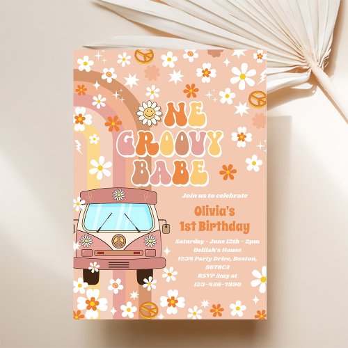 One Groovy Babe Retro Rainbow 1st Birthday Invitation