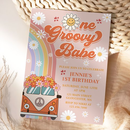 One Groovy Babe Retro Rainbow 1st Birthday Invitation