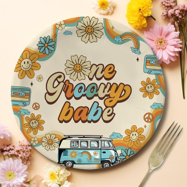 One Groovy Babe Retro Rainbow 1st Birthday Paper Plates (Creator Uploaded)