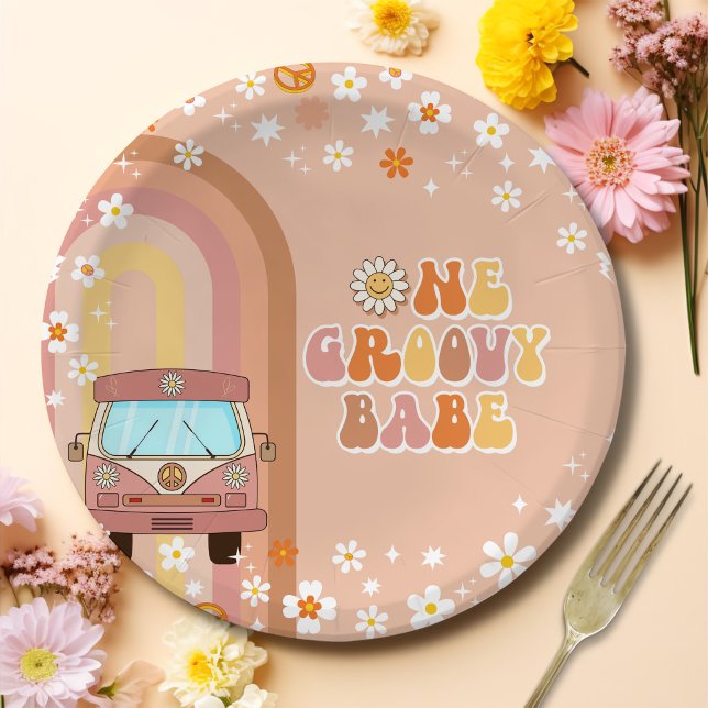 One Groovy Babe Retro Rainbow 1st Birthday Paper Plates (Creator Uploaded)