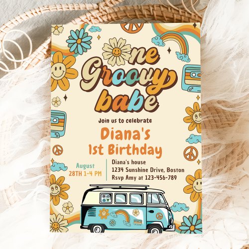 One Groovy Babe Retro Rainbow 1st Birthday Party Invitation