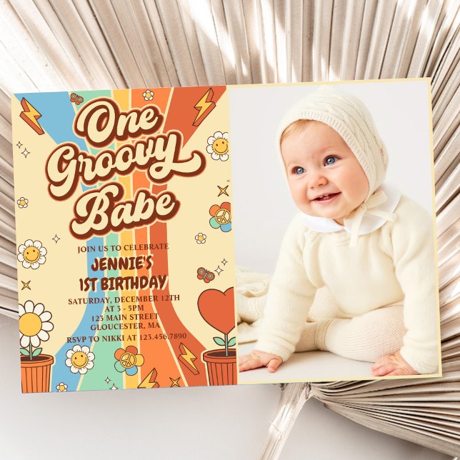 One Groovy Babe Retro Rainbow 1st Birthday Photo Invitation (Creator Uploaded)