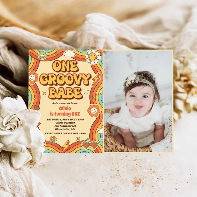 One Groovy Babe Retro Rainbow 1st Birthday Photo Invitation | Zazzle