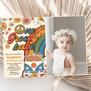 One Groovy Babe Retro Rainbow 1st Birthday Photo Invitation