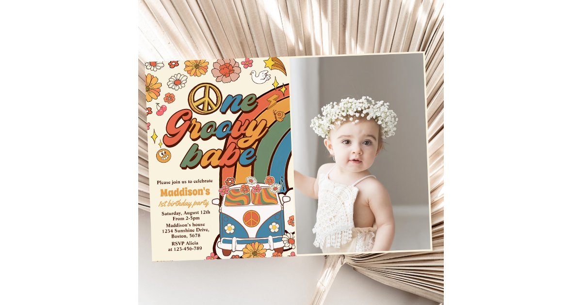 One Groovy Babe Retro Rainbow 1st Birthday Photo Invitation | Zazzle