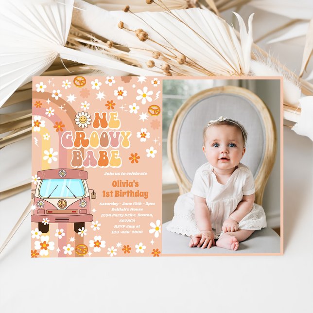 One Groovy Babe Retro Rainbow 1st Birthday Photo Invitation (Creator Uploaded)