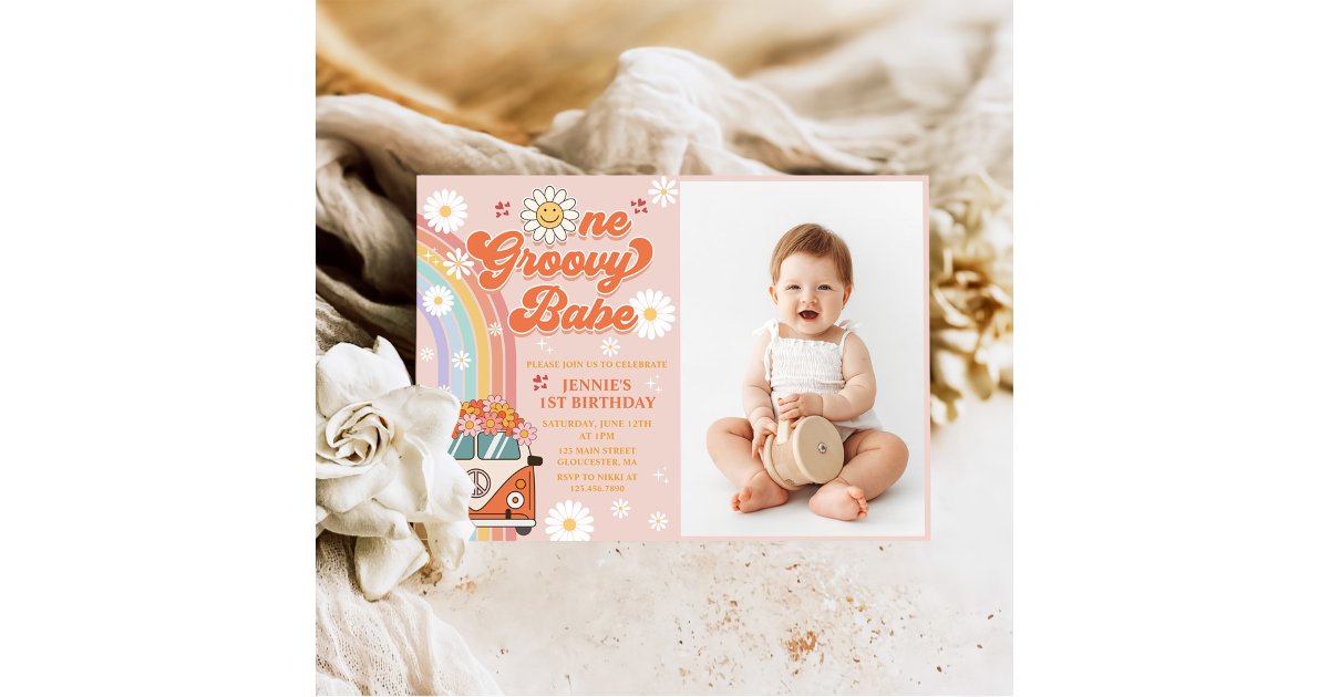 One Groovy Babe Retro Rainbow 1st Birthday Photo Invitation | Zazzle