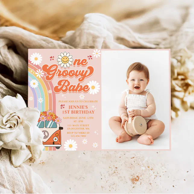 One Groovy Babe Retro Rainbow 1st Birthday Photo Invitation | Zazzle