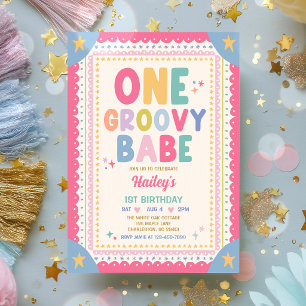 One Groovy Babe Whimsical Girl 1st Birthday Party Invitation