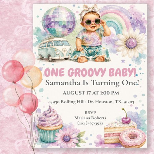 One Groovy Baby Girl Boho 1st Birthday Party Invitation