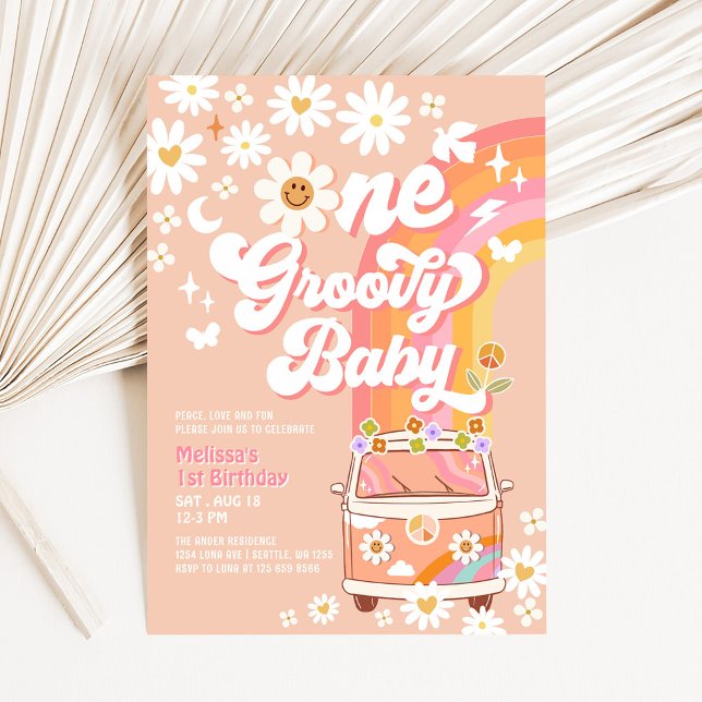 ONE Groovy Baby Hippie Van Daisy 1st Birthday Invitation (Creator Uploaded)