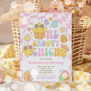 One Groovy Chick Spring Daisy 1st Birthday Party  Invitation