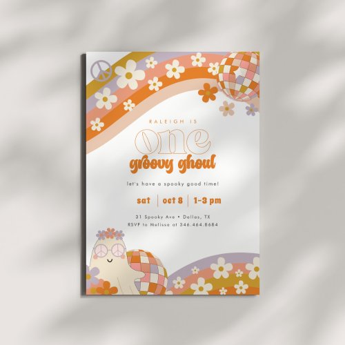 One Groovy Ghoul  Retro Spooky Girls 1st Birthday Invitation