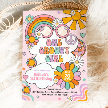 One Groovy Girl 70s Flower Power Rainbow Birthday Invitation by PixelPerfectionParty at Zazzle