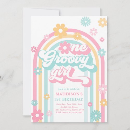 One Groovy Girl Boho Daisy Rainbow 1st Birthday Invitation