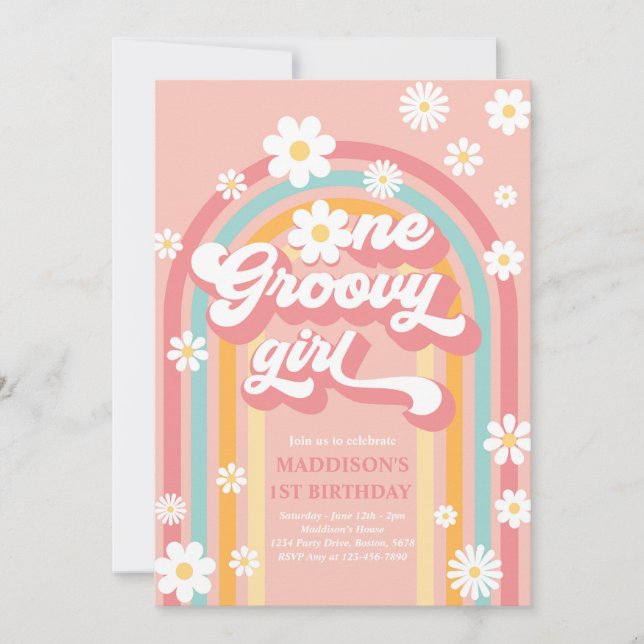 One Groovy Girl Boho Daisy Rainbow 1st Birthday Invitation (Front)