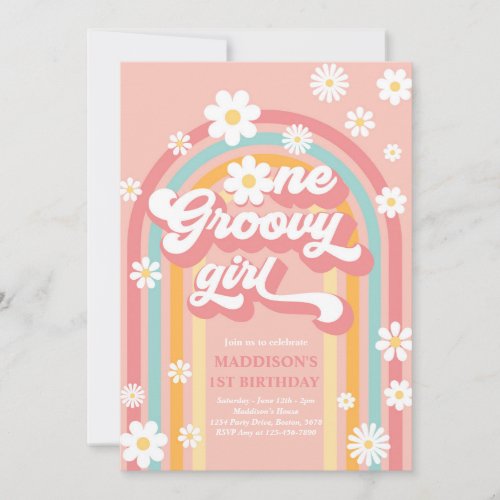 One Groovy Girl Boho Daisy Rainbow 1st Birthday Invitation
