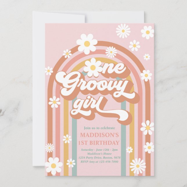 One Groovy Girl Boho Daisy Rainbow 1st Birthday Invitation (Front)
