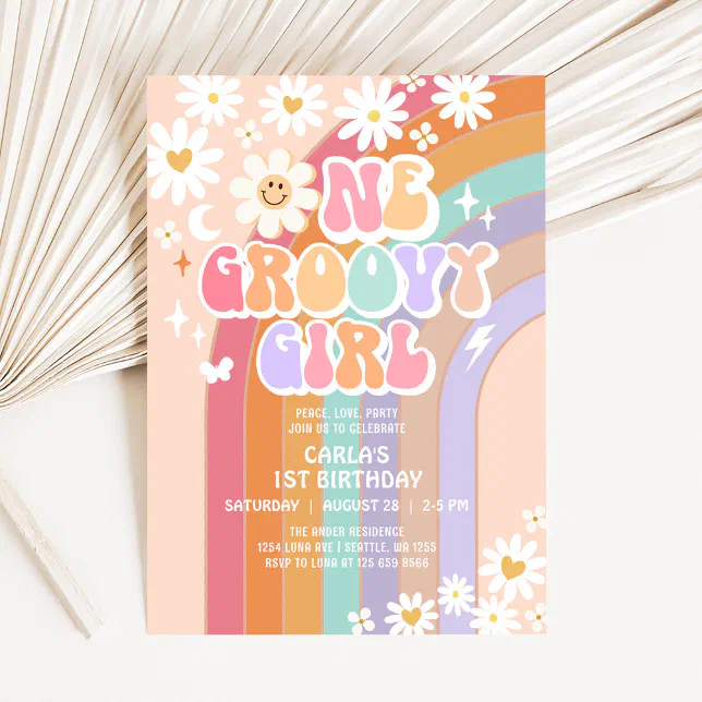 One Groovy Girl Hippie Rainbow Retro 1st Birthday Invitation | Zazzle