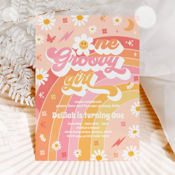 One Groovy Girl Peace Love Party Rainbow Birthday Invitation by PixelPerfectionParty at Zazzle