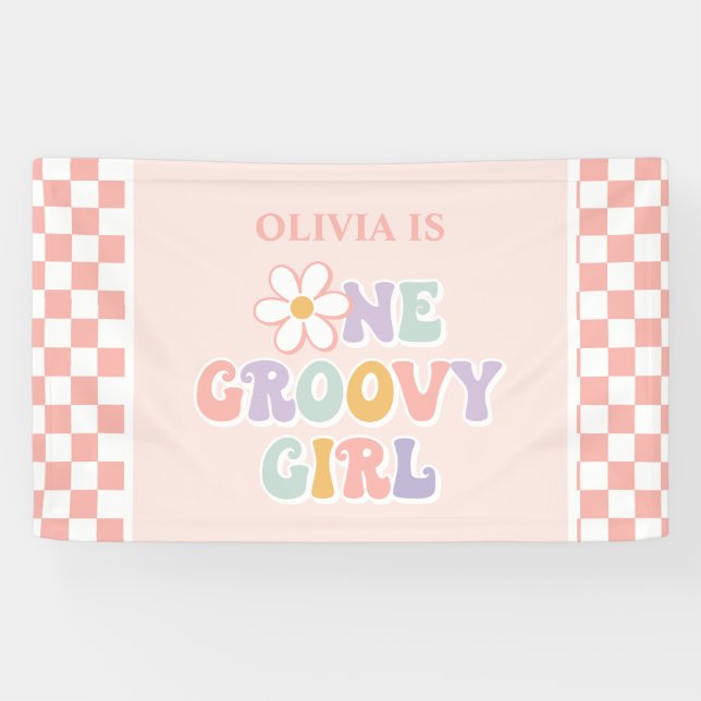 One Groovy girl Pink Daisy Checker Banner (Horizontal)