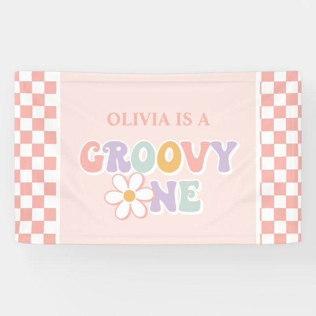 One Groovy girl Pink Daisy Checker Banner (Horizontal)