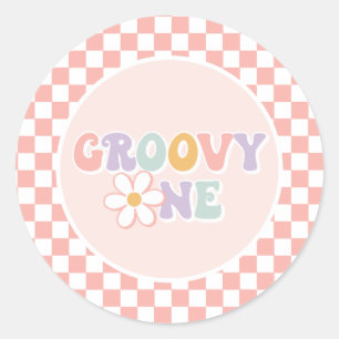 One Groovy girl Pink Daisy Checker Classic Round Sticker