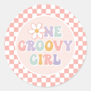 One Groovy girl Pink Daisy Checker Classic Round Sticker