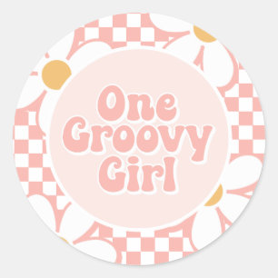 One Groovy girl Pink Daisy Checker Classic Round Sticker