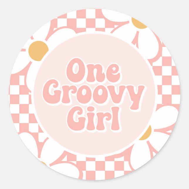 One Groovy girl Pink Daisy Checker Classic Round Sticker (Front)