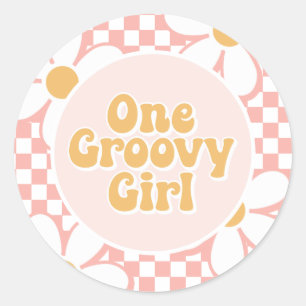 One Groovy girl Pink Daisy Checker Classic Round Sticker