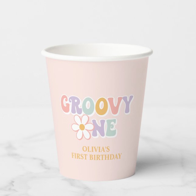 One Groovy girl Pink Daisy Checker Paper Cups (Front)
