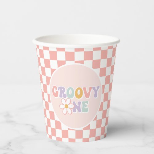 One Groovy girl Pink Daisy Checker Paper Cups