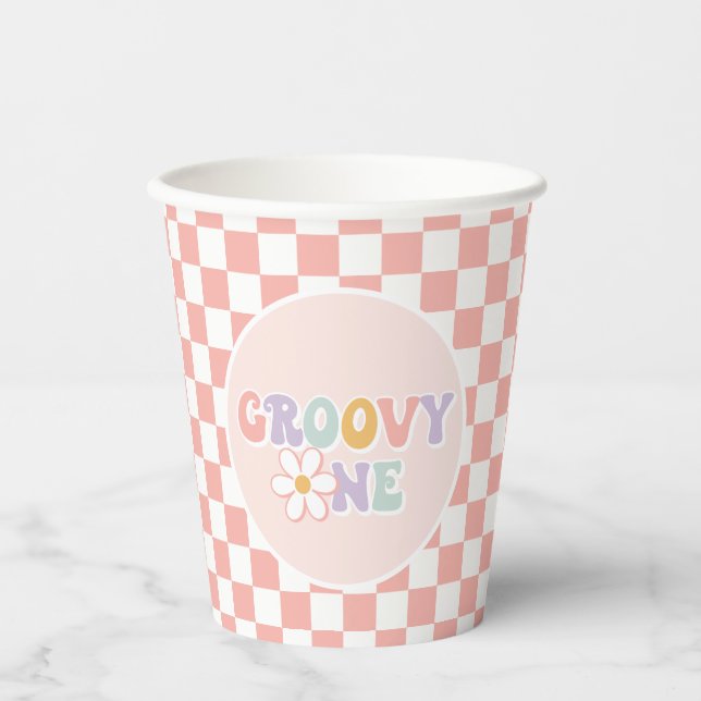 One Groovy girl Pink Daisy Checker Paper Cups (Front)