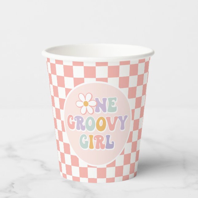 One Groovy girl Pink Daisy Checker Paper Cups (Front)