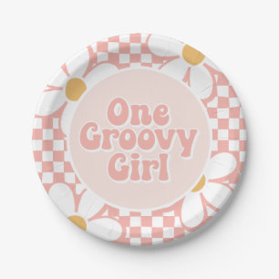 One Groovy girl Pink Daisy Checker Paper Plates